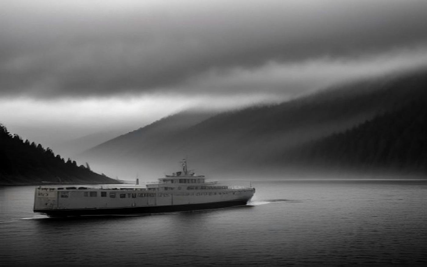 A Pacific Northwest ferry moving through heavy mist, evergreen hills fading behind it.