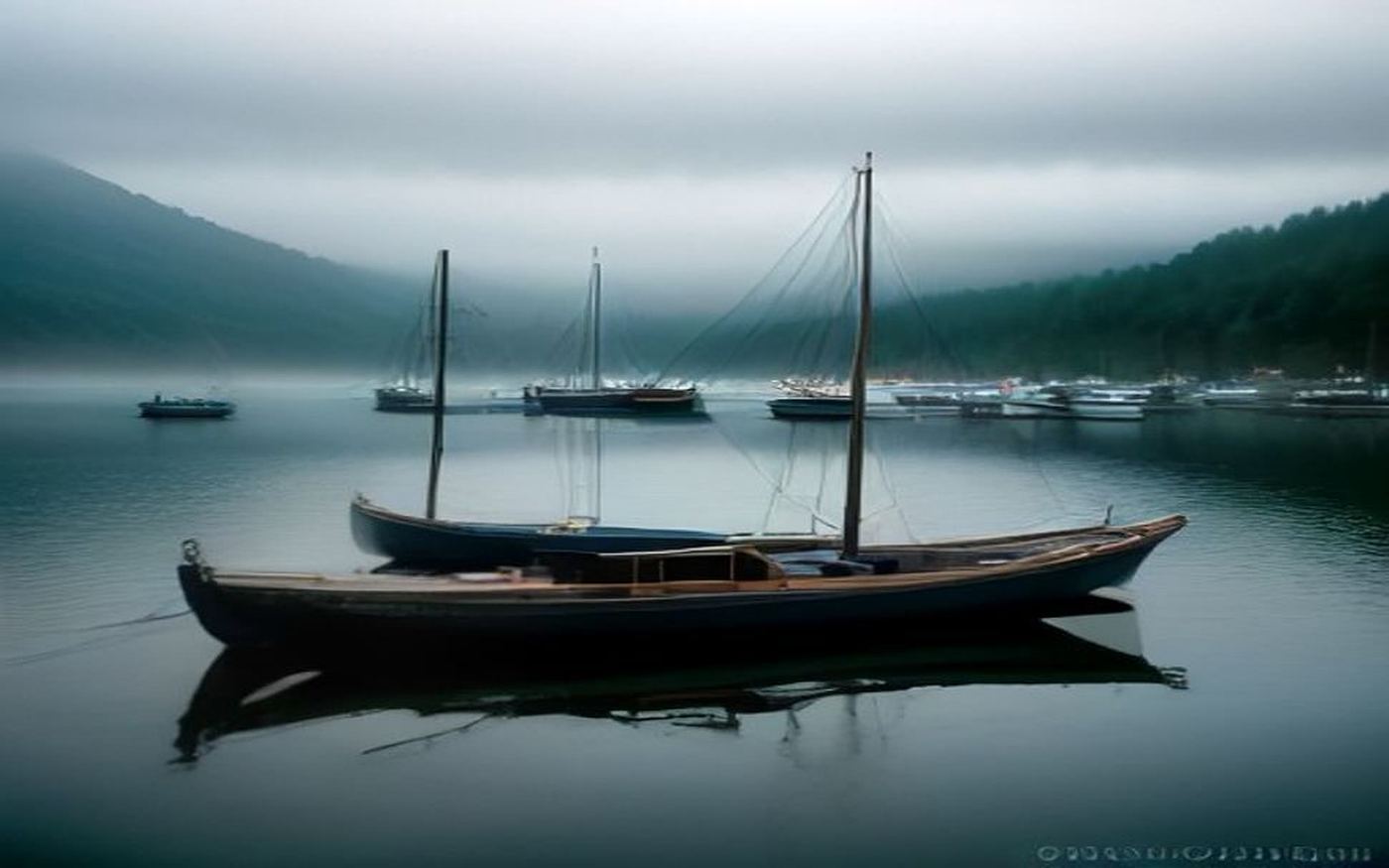 Fishing boats at a misty Pacific Northwest dock.