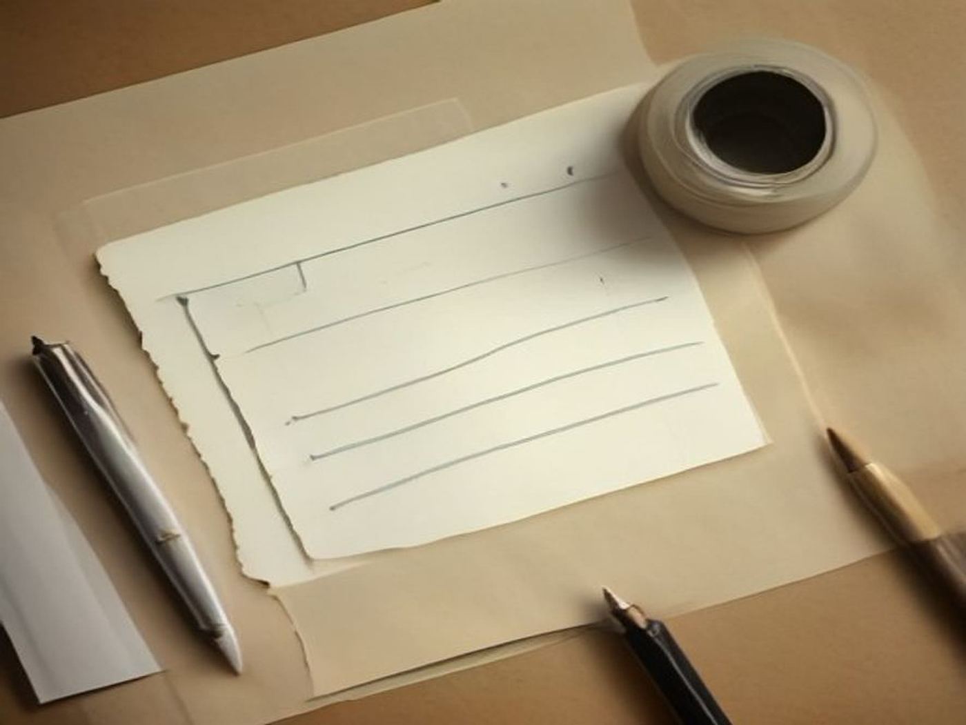 Notes and contact sheets on kraft paper in warm window light.