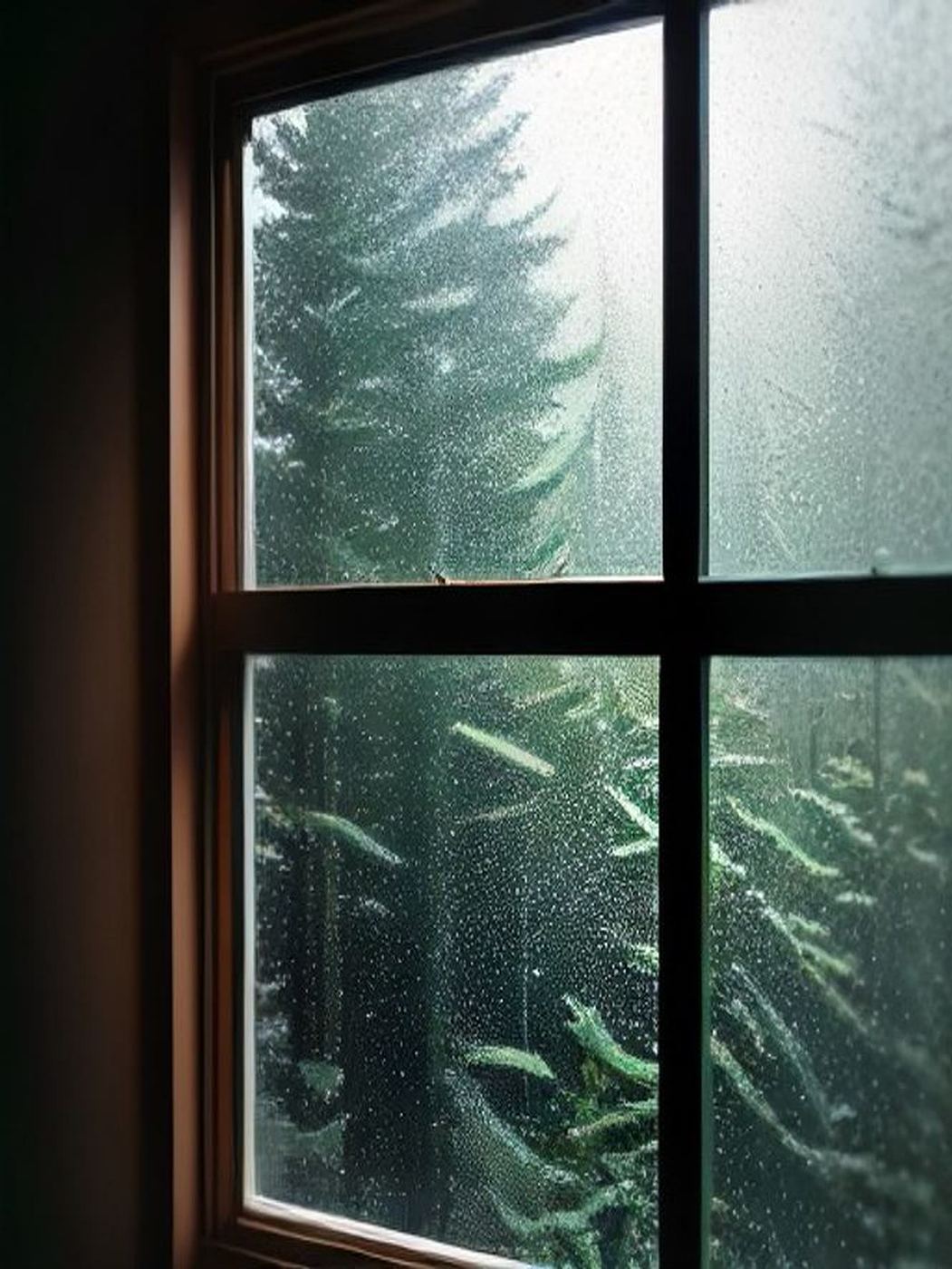 Rain on a dark wood window, evergreens blurred beyond the glass.