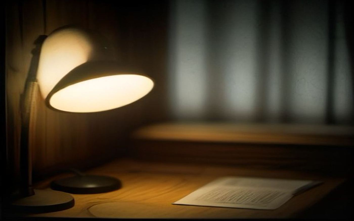 A dark wooden workbench under a warm lamp, papers and tape in the pool of light.